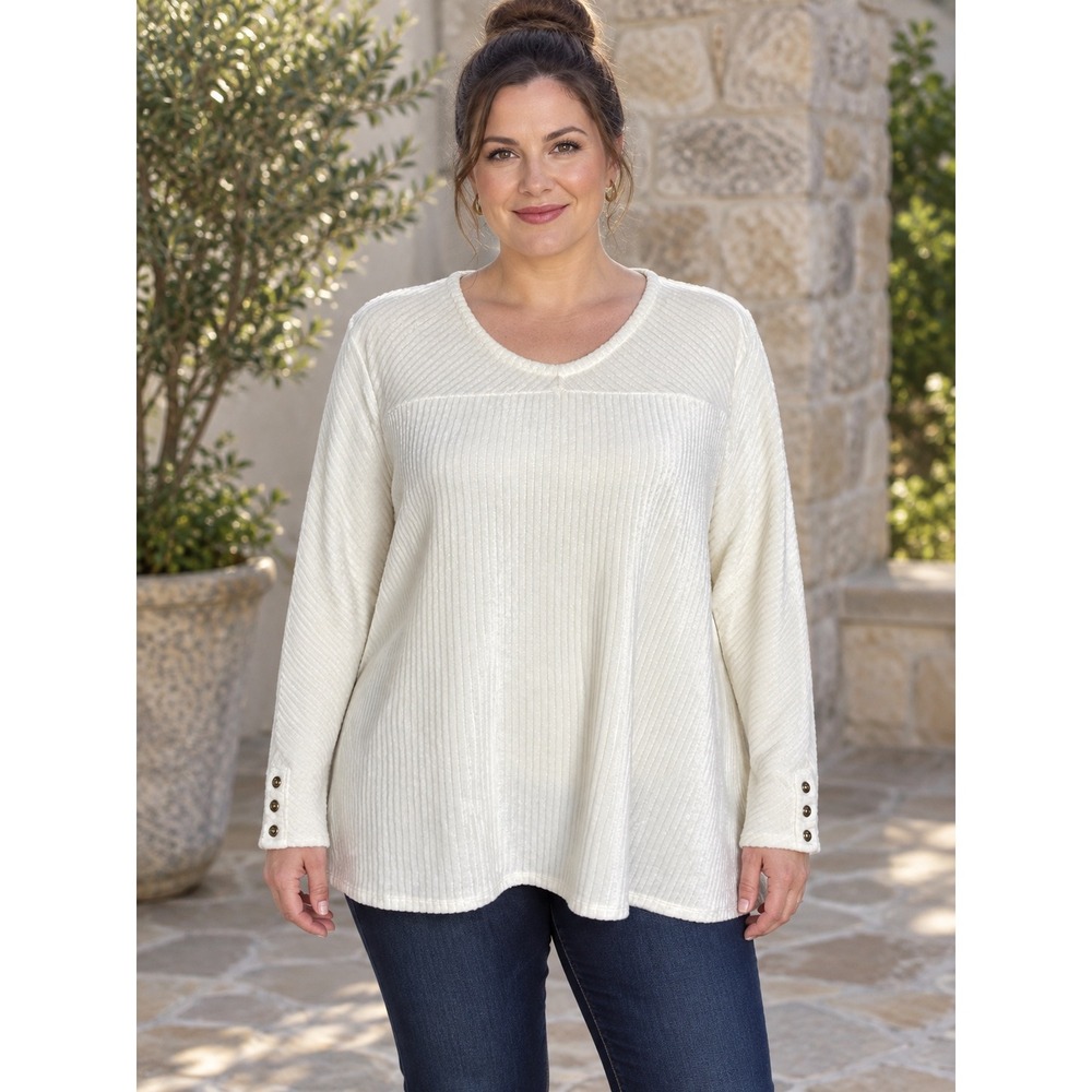 Soft Surroundings Ivory Ribbed Knit Tunic Top XL Long Sleeve Button Cuff Cream